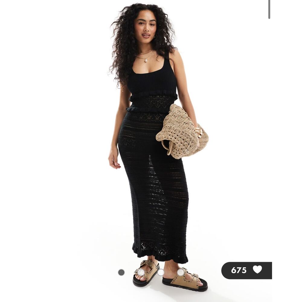 Miss Selfridge frill crochet maxi dress in black
